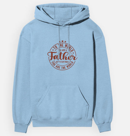 Light blue hoodie with red text on a white background