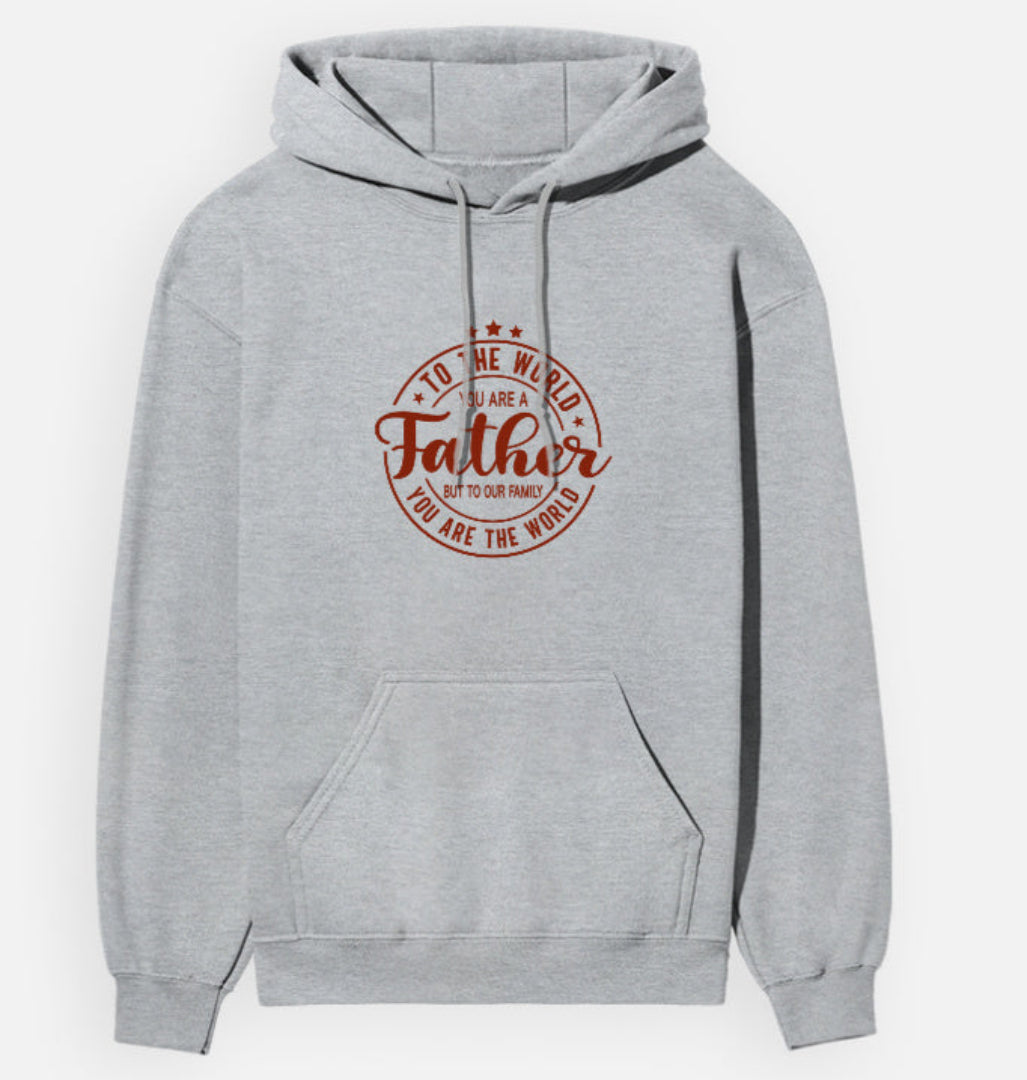 Gray hoodie with red text on a white background
