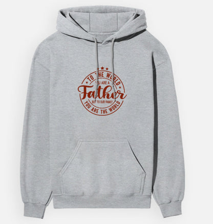Gray hoodie with red text on a white background