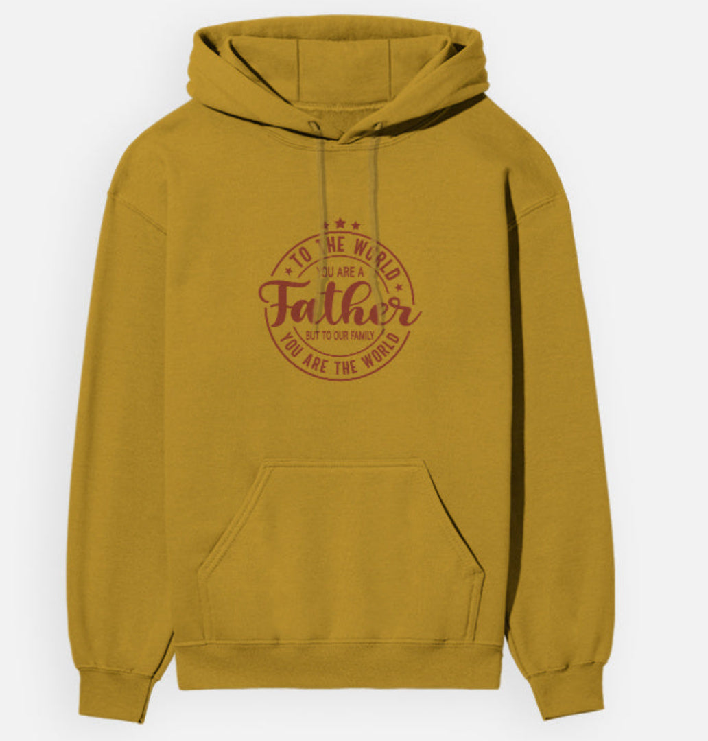 Mustard yellow hoodie with a circular graphic and text on a white background