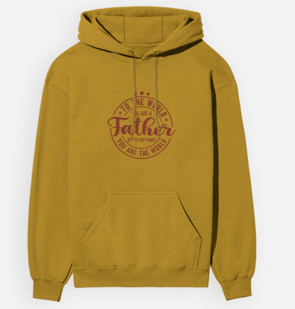 Mustard yellow hoodie with a circular graphic and text on a white background
