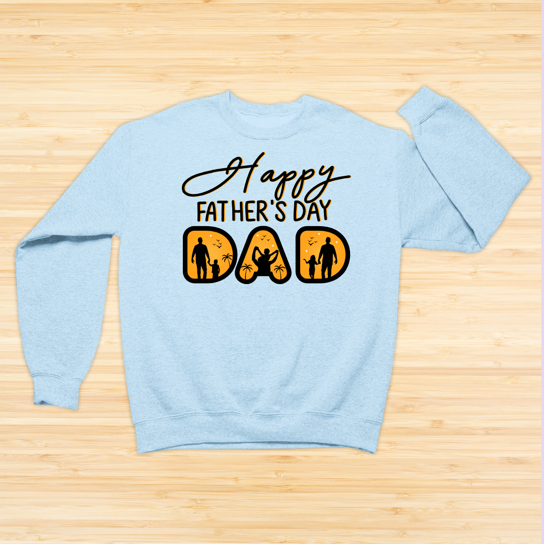 Light blue sweatshirt with 'Happy Father's Day DAD' text and graphics on a wooden surface