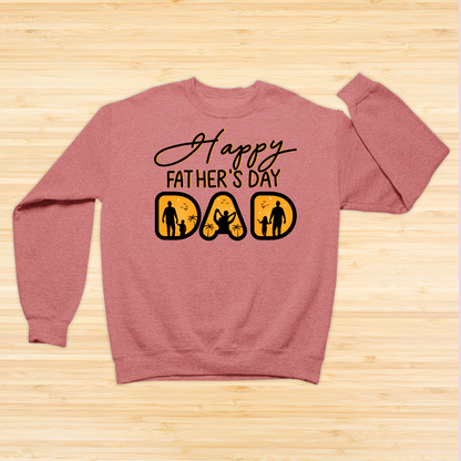 Coral sweatshirt with 'Happy Father's Day DAD' text and graphics on a wooden surface