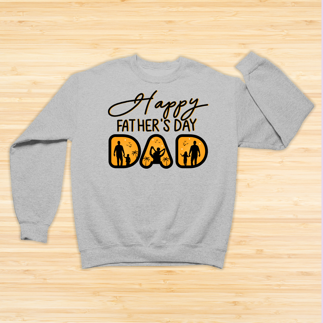 Gray sweatshirt with 'Happy Father's Day DAD' text and family icons on a wooden surface