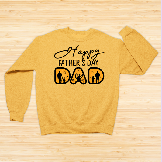 Yellow sweatshirt with 'Happy Father's Day DAD' text on a wooden surface