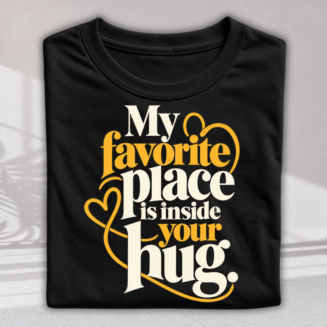 A folded black t-shirt with a graphic print that reads 'My favorite place is inside your hug.' in white and yellow lettering with heart outlines, displayed on a light gray background.
