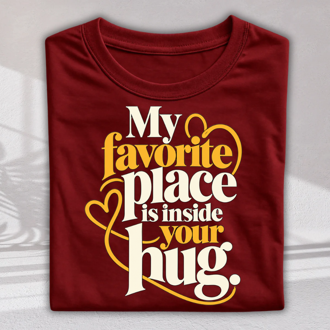 A folded maroon crewneck t-shirt with a graphic print that reads 'My favorite place is inside your hug.' in white and yellow lettering with heart and swirl accents, displayed on a light gray background.