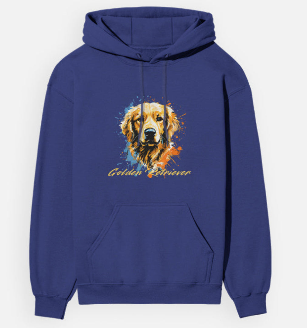 Blue hoodie with a Golden Retriever graphic on a white background