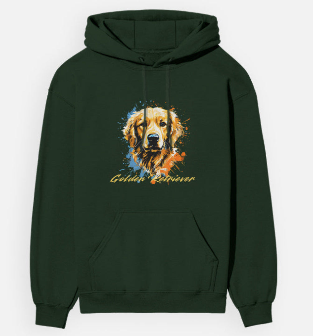 Green hoodie with a colorful Golden Retriever design on a white background