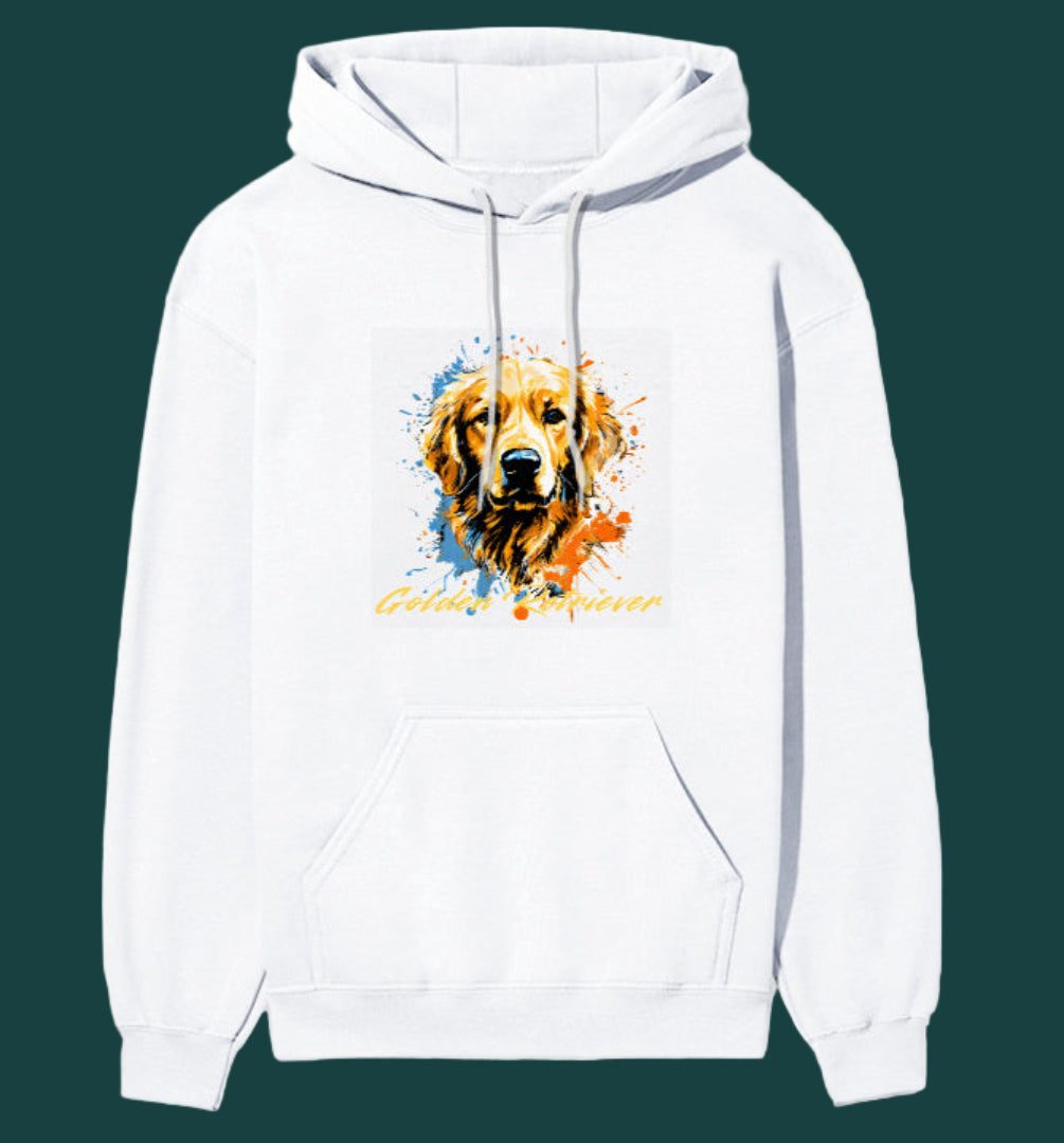 White hoodie with a colorful dog graphic on a white background