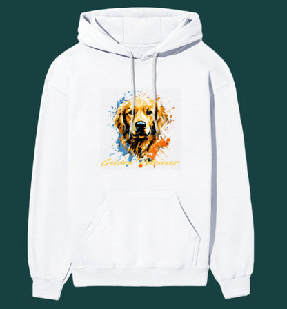White hoodie with a colorful dog graphic on a white background