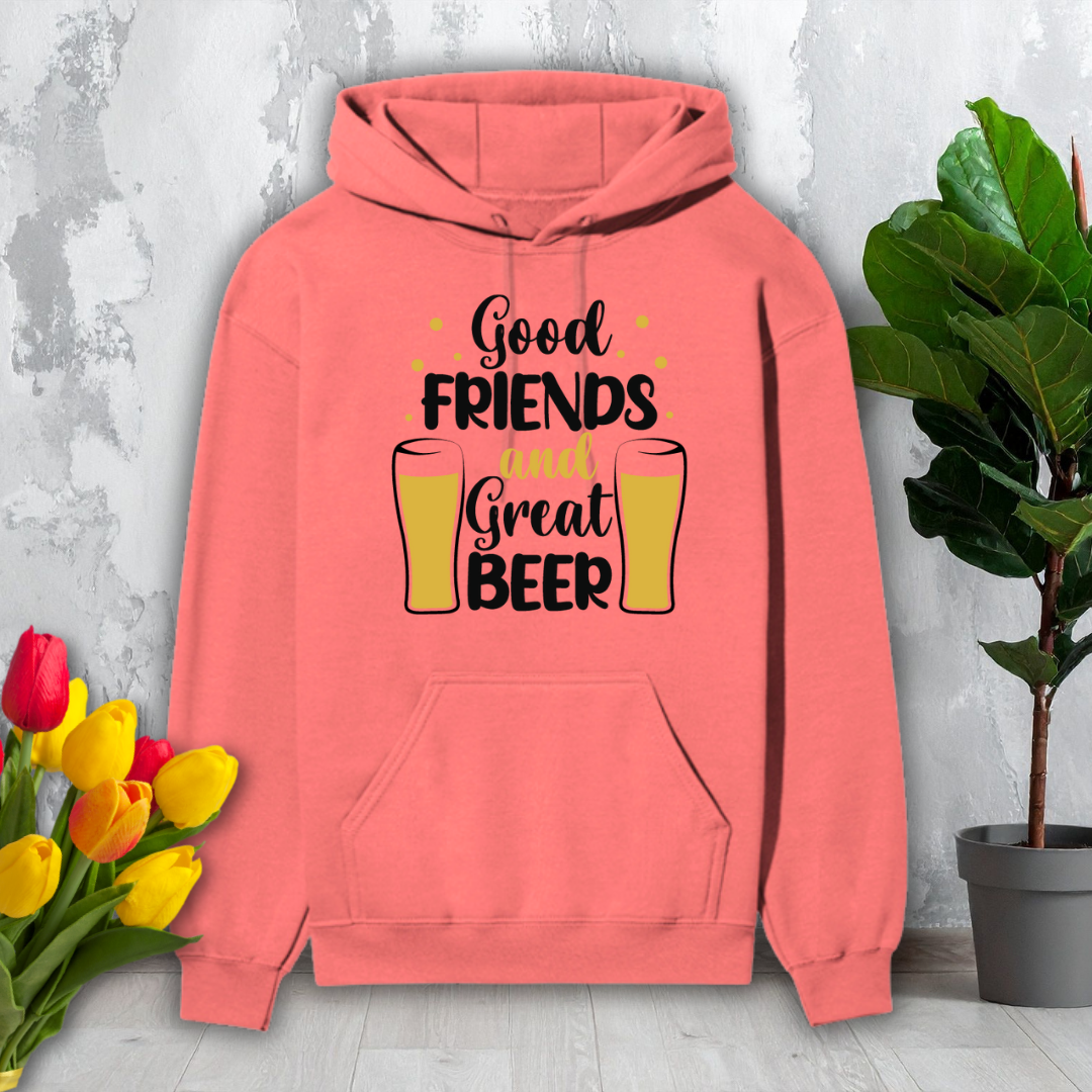 Coral hoodie with 'Good Friends and Great Beer' text and beer glass graphics on a light gray background.