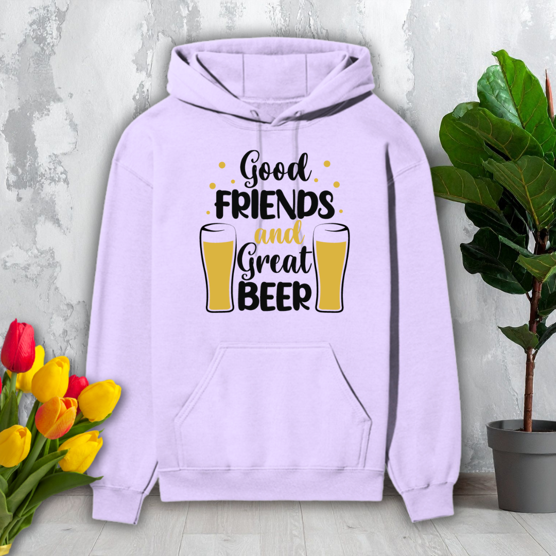 Purple hoodie with 'Good Friends and Great Beer' text and beer glass graphics on a light gray background with flowers and a plant.