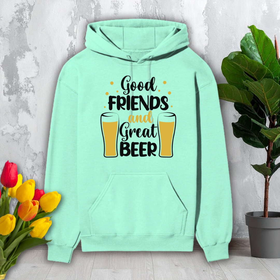 Mint green hoodie with 'Good Friends and Great Beer' text and beer graphics on a light gray background.