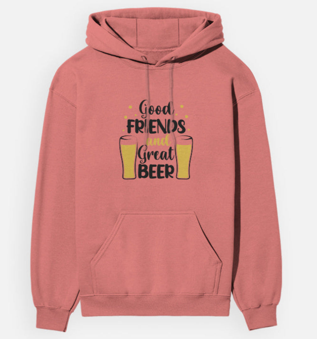 Coral hoodie with 'Good Friends and Great Beer' text and beer glass graphics on a white background