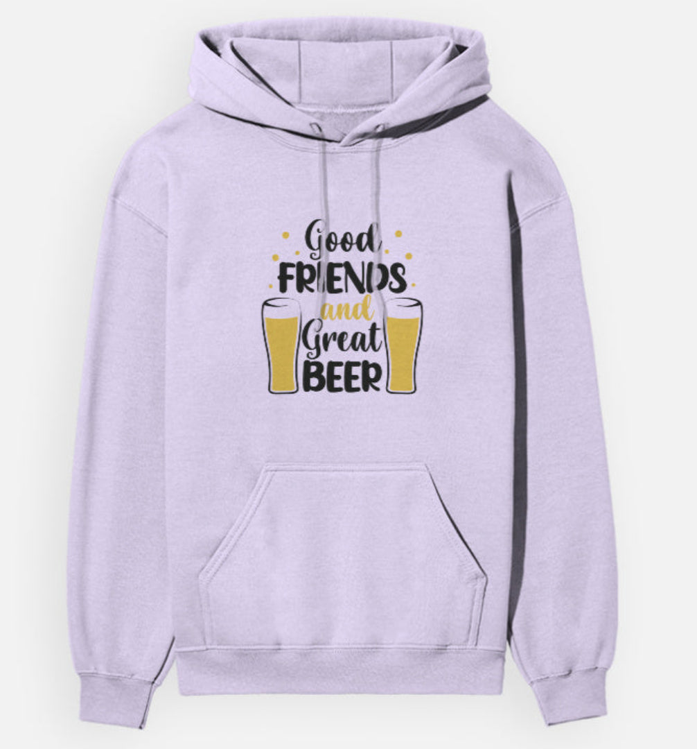 Light purple hoodie with text and beer graphic on a white background