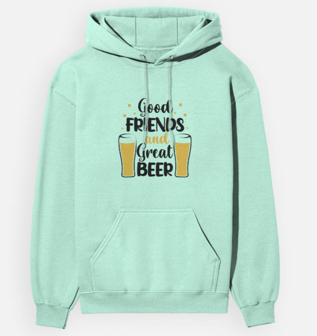 Mint green hoodie with 'Good friends and great beer' text on a white background