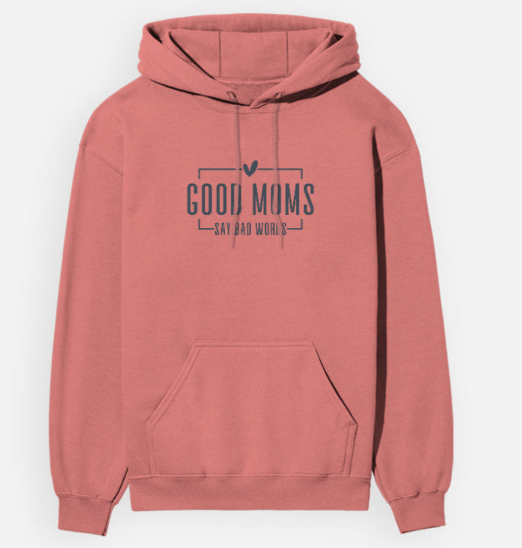 Coral hoodie with text on a white background