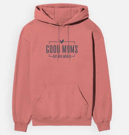Coral hoodie with text on a white background