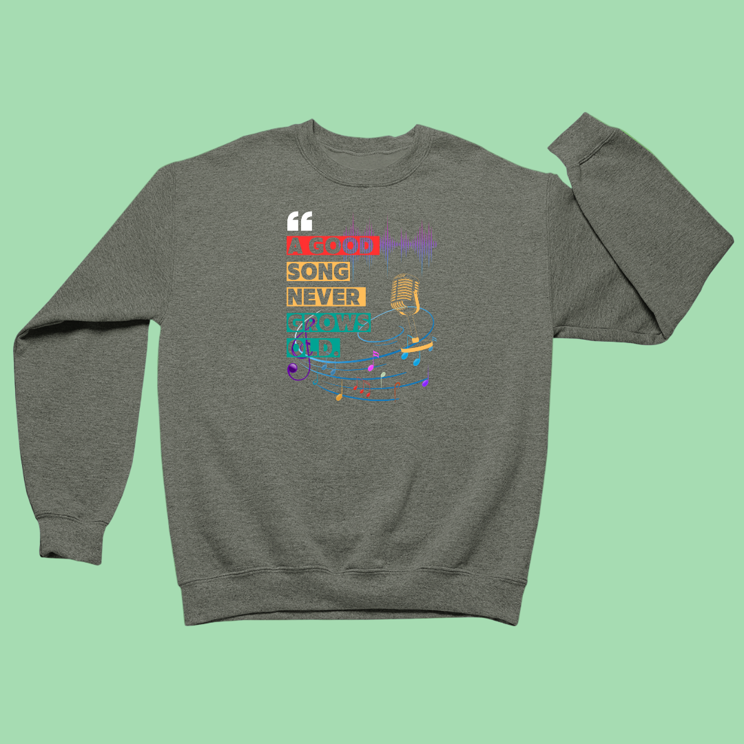 Olive Green sweatshirt with colorful graphic design on a green background