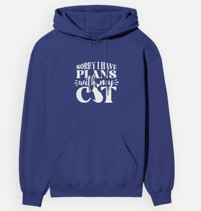 Blue hoodie with white text on a white background