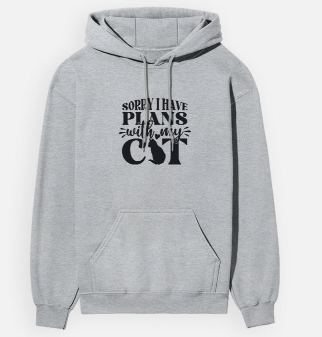 Gray hoodie with text 'Sorry I have plans with my cat' on a white background
