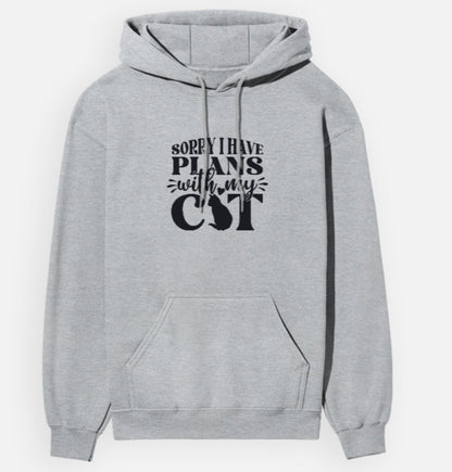 Gray hoodie with text 'Sorry I have plans with my cat' on a white background