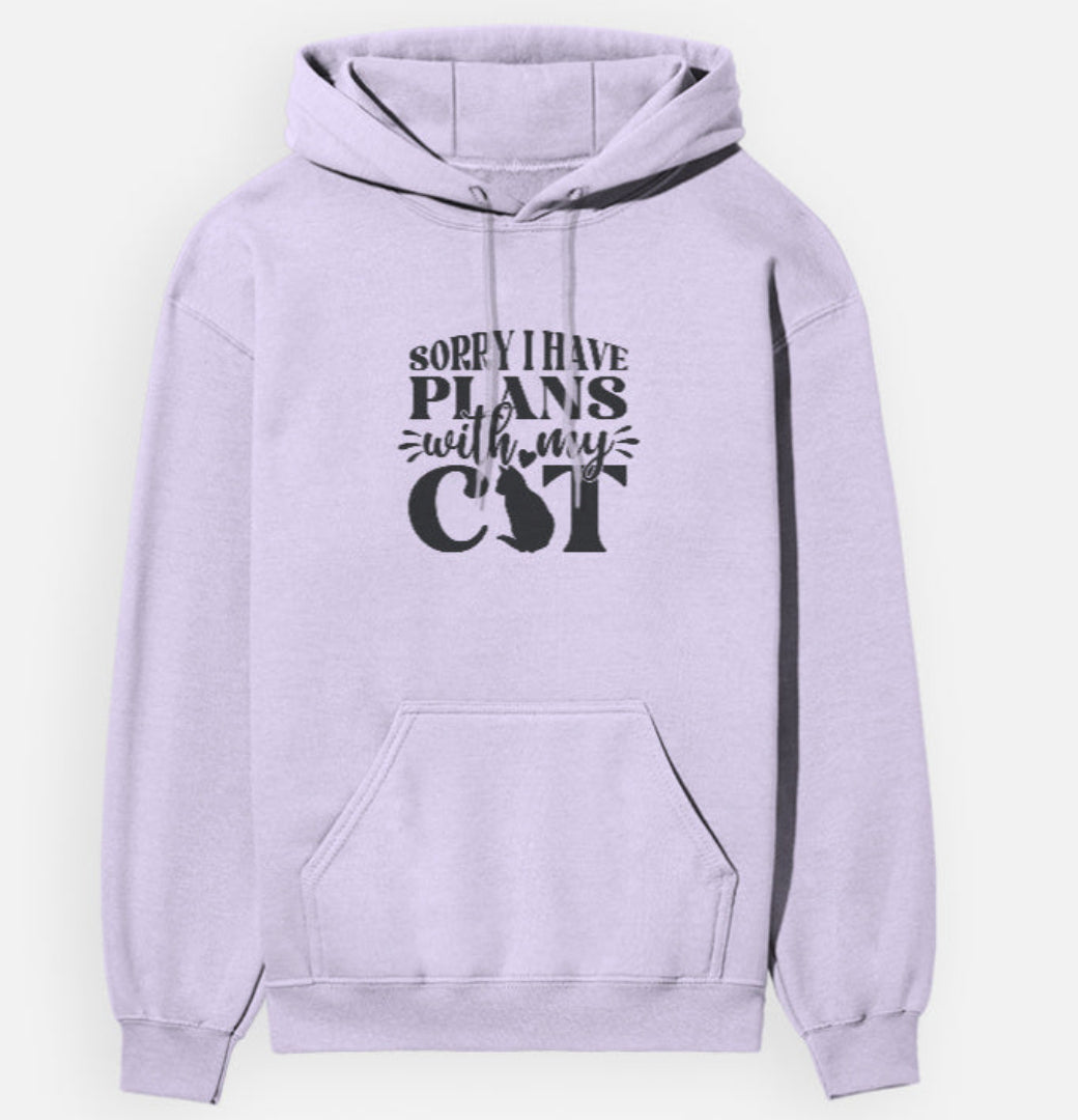 Lavender hoodie with text design on a white background
