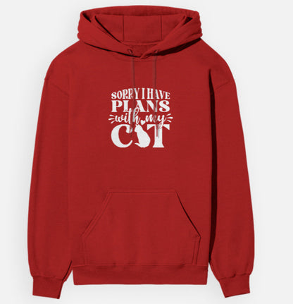 Red hoodie with white text on a white background