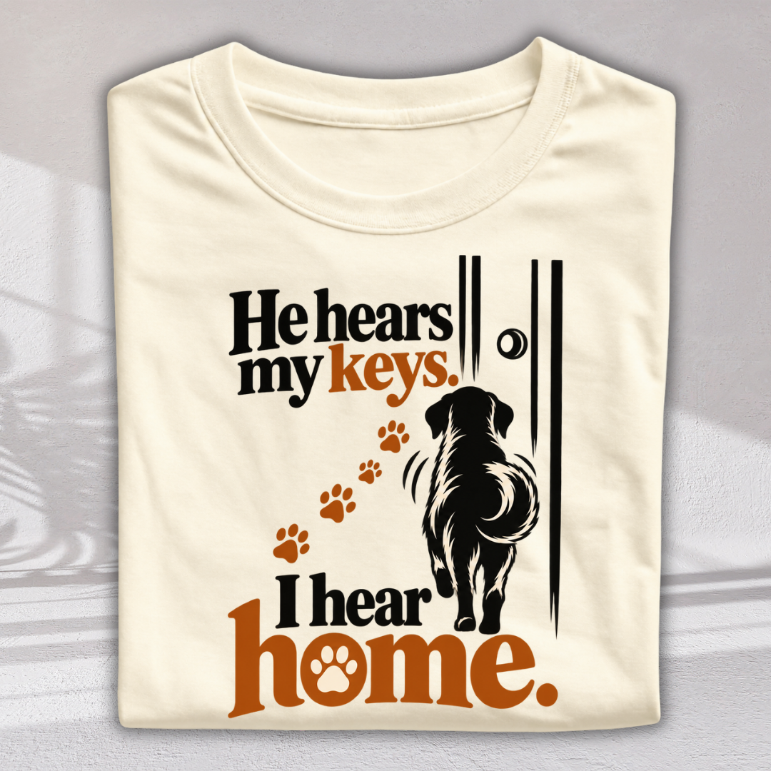 A folded cream-colored t-shirt with a graphic print that reads 'He hears my keys. I hear home.