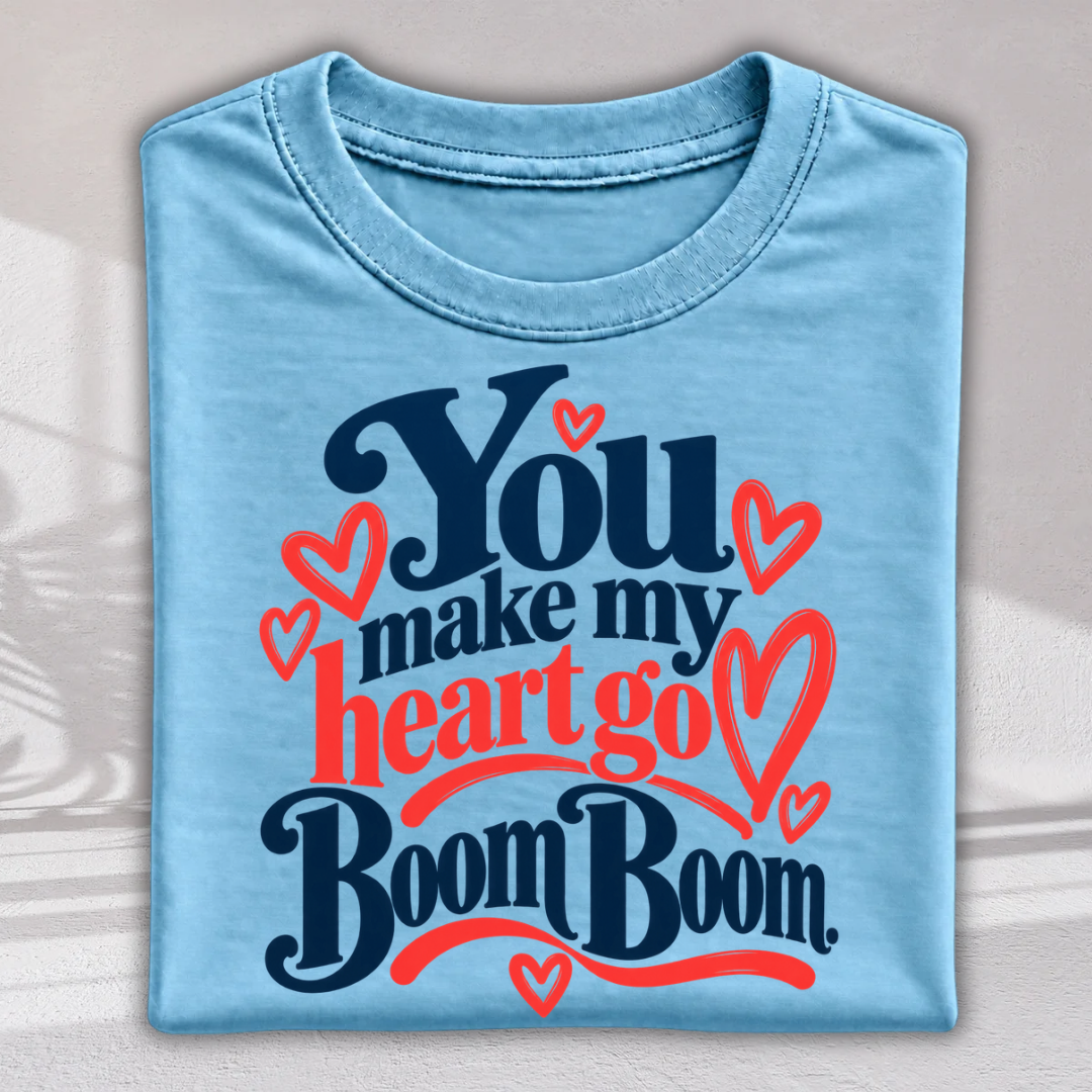 A folded light blue t-shirt with a graphic print that reads 'You make my heart go Boom Boom' in navy and coral red lettering, decorated with small red hearts, shown on a neutral background.