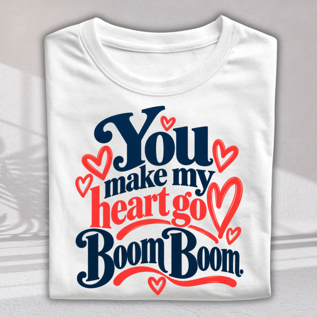 A folded white t-shirt with a graphic print that reads 'You make my heart go Boom Boom' in navy blue and red lettering, surrounded by small red hearts, shown against a light gray background.