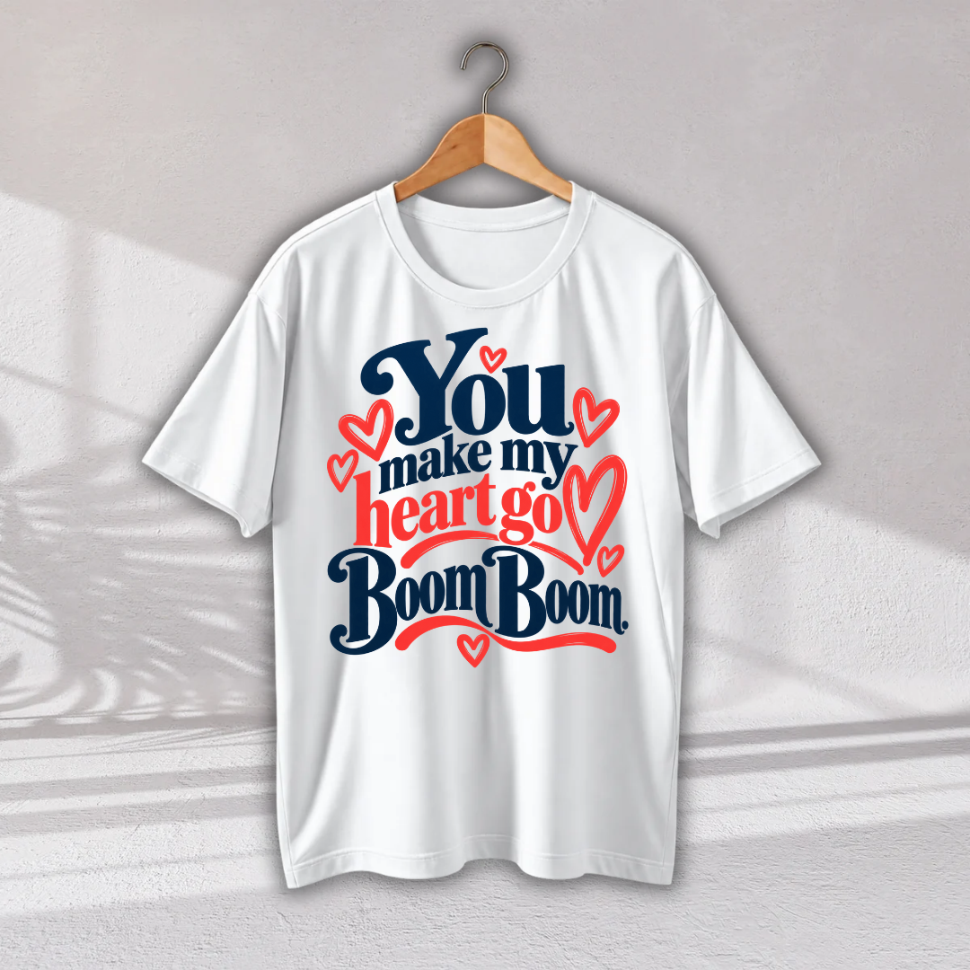 A white short-sleeve t-shirt hanging on a wooden hanger against a light gray wall. The shirt features a graphic print with the text 'You make my heart go Boom Boom' in navy blue and red, accented with small red hearts.