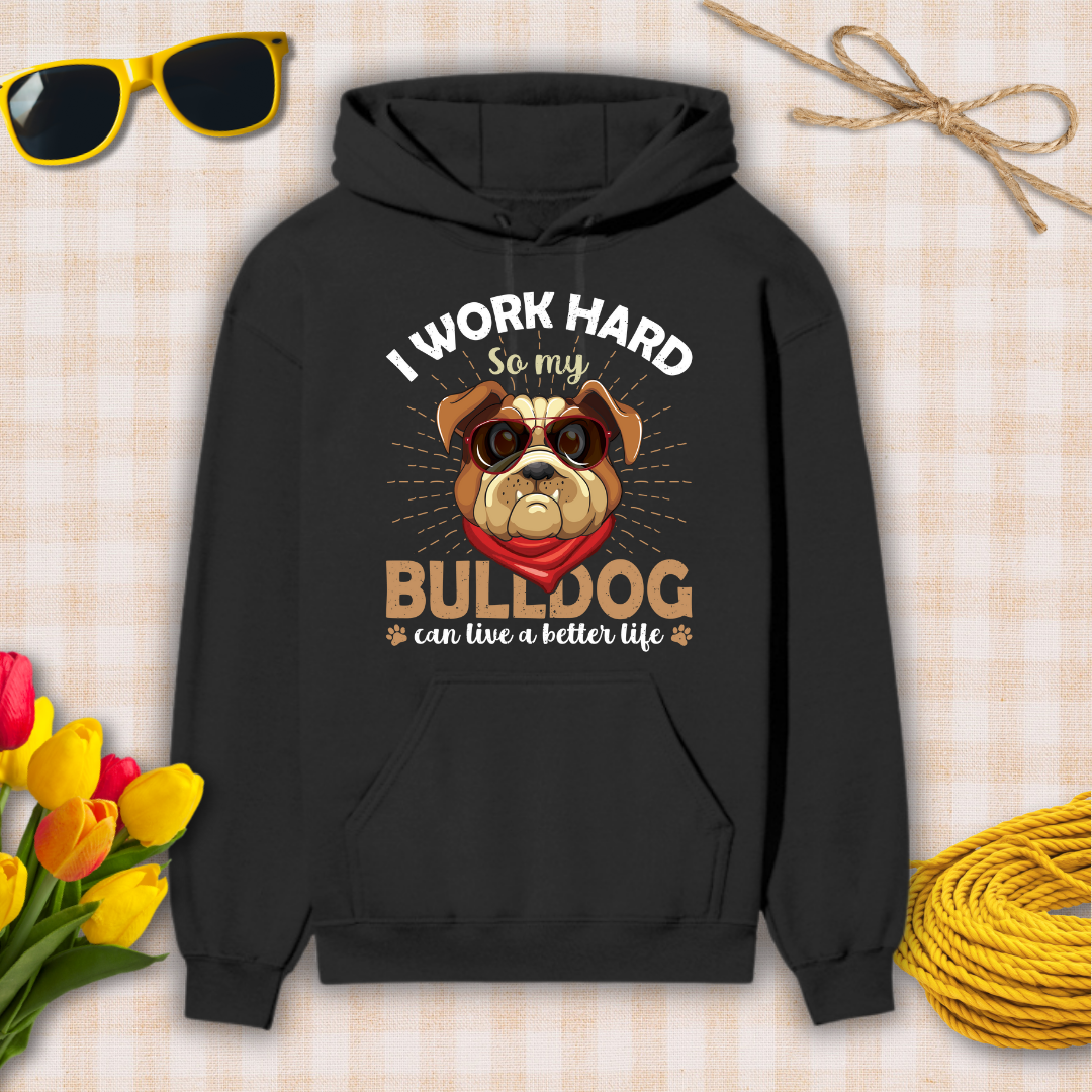 Black hoodie with bulldog graphic and text on a checkered background