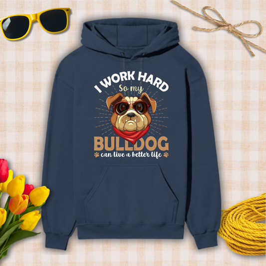 Navy blue hoodie with bulldog graphic and text on a checkered background