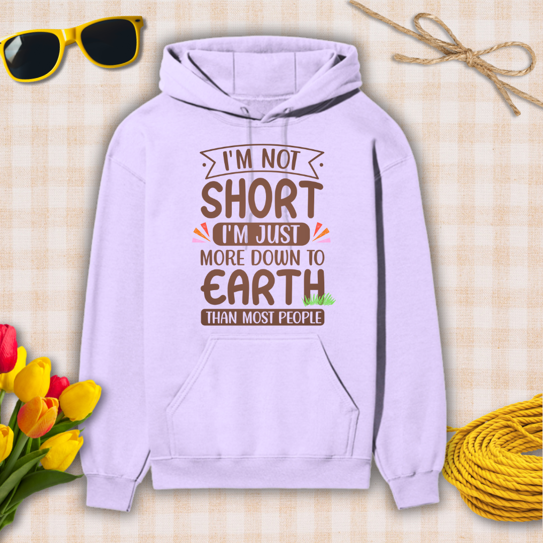 Light purple hoodie with humorous text design on a checkered background with sunglasses, flowers, and twine.