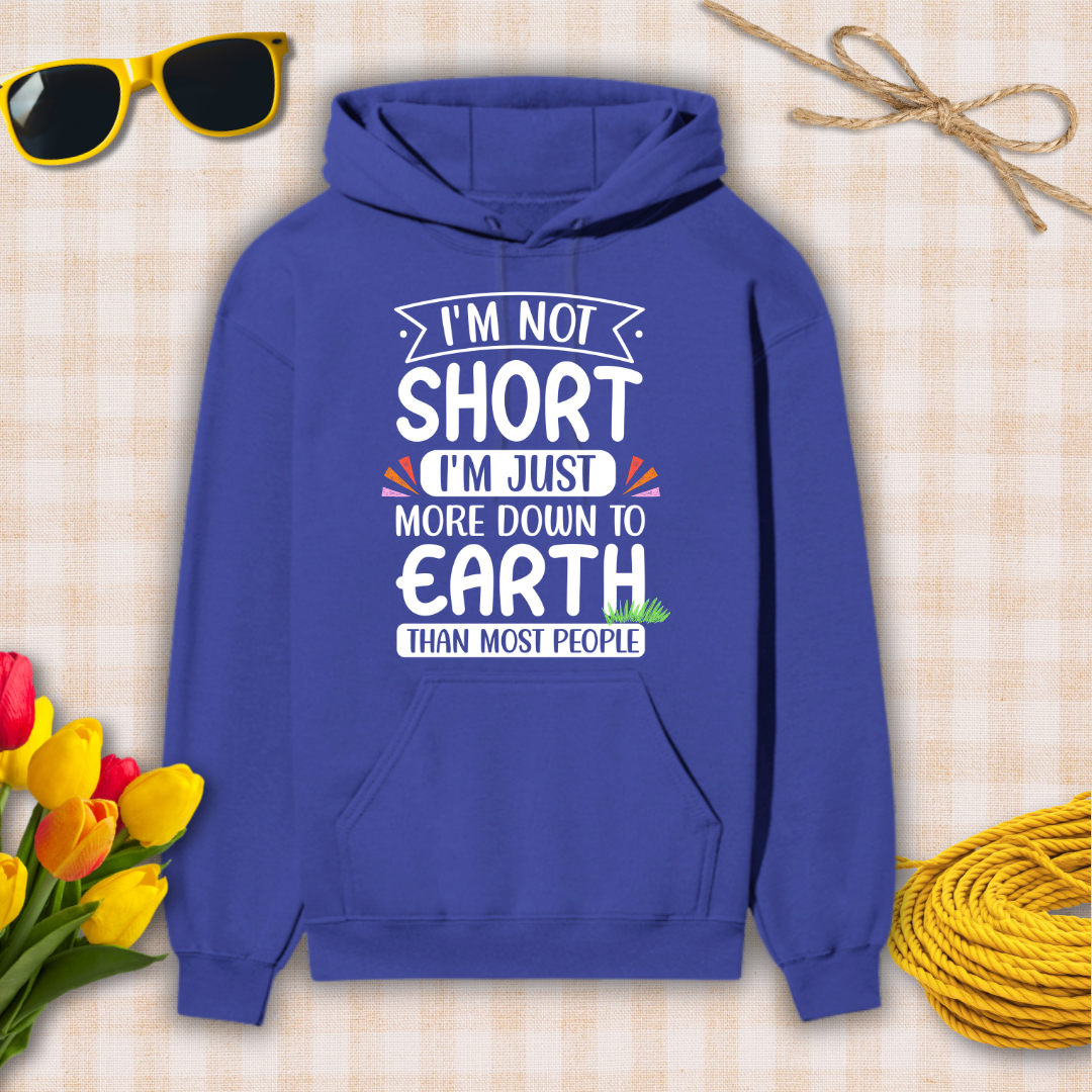 Blue hoodie with humorous text design on a checkered background with sunglasses, flowers, and twine.