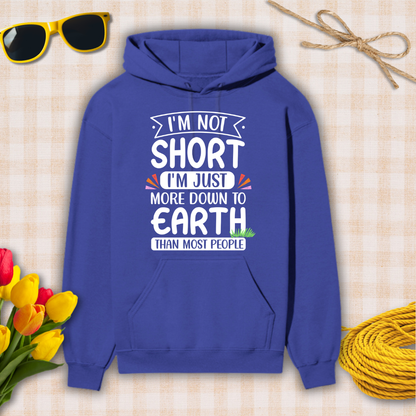 Blue hoodie with humorous text design on a checkered background with sunglasses, flowers, and twine.