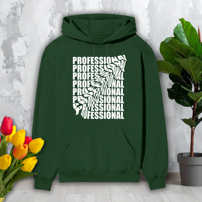 Green hoodie with 'PROFESSIONAL' text design on a light gray textured wall with flowers and a plant.