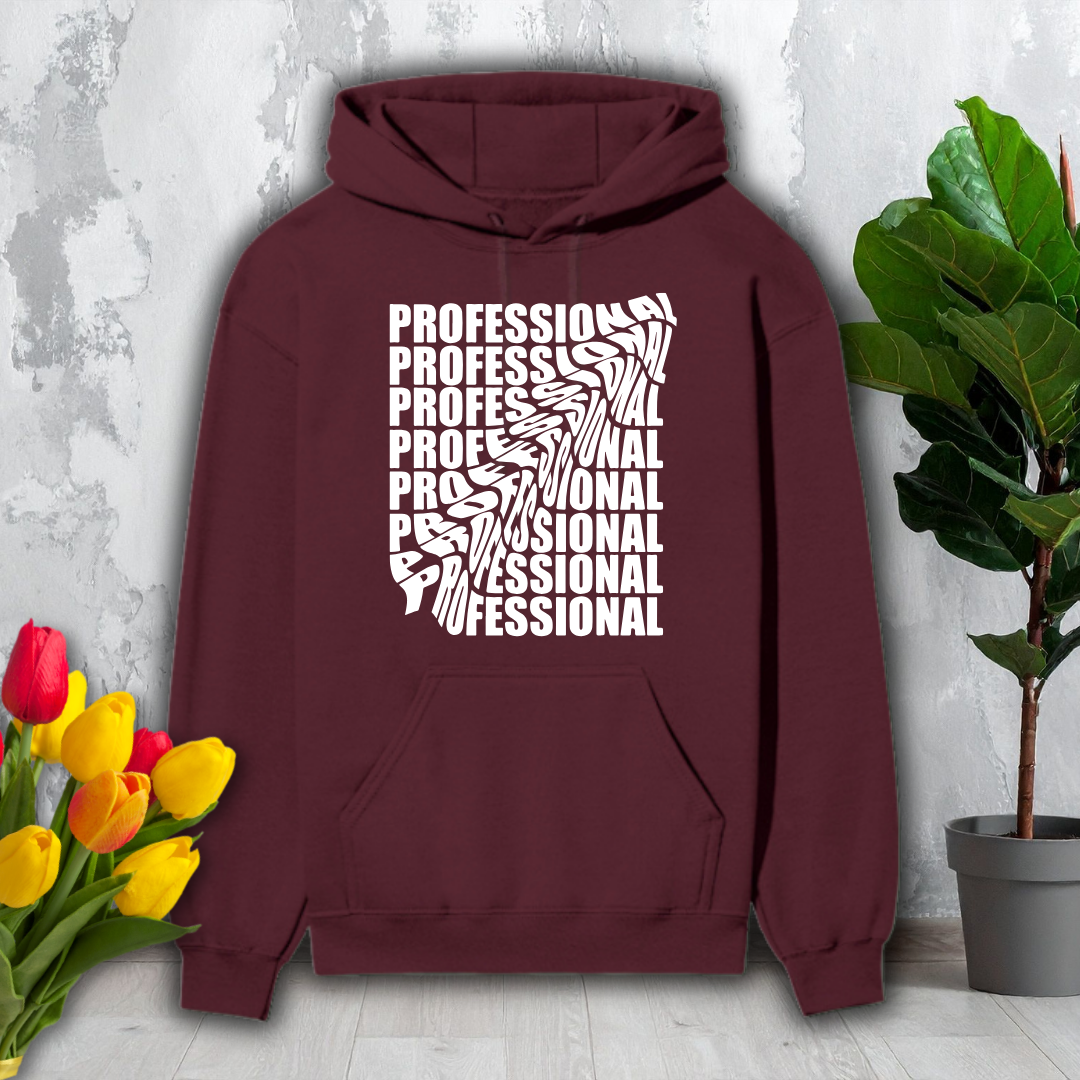Maroon hoodie with 'PROFESSIONAL' text design on a light gray background with flowers and a plant.