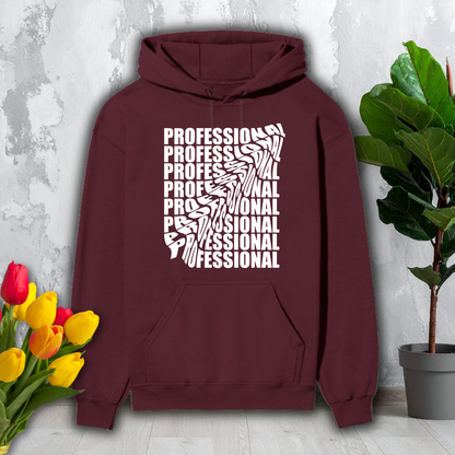 Maroon hoodie with 'PROFESSIONAL' text design on a light gray background with flowers and a plant.