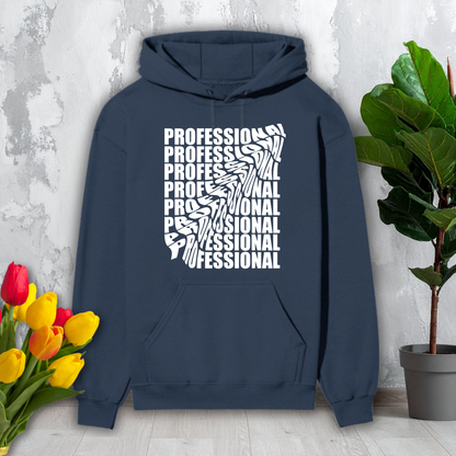 Navy blue hoodie with 'PROFESSIONAL' text design on a light gray surface with flowers and a plant.