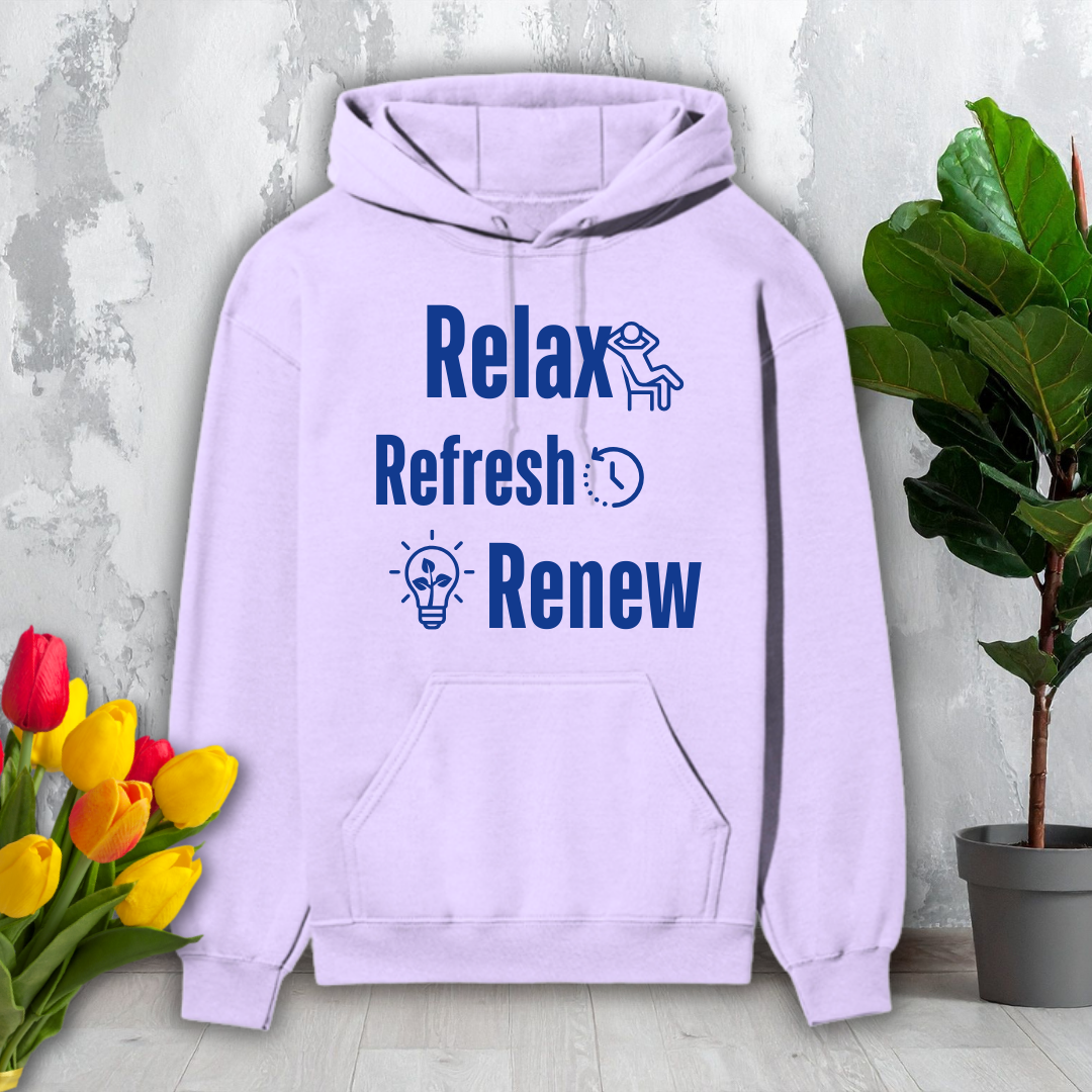 Light purple hoodie with motivational text on a light gray background with flowers and a plant.