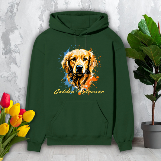 Green hoodie with a Golden Retriever design on a gray surface with flowers and a plant.