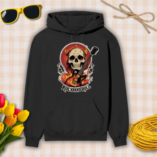 Black hoodie with skull and guitar design, sunglasses, yellow flowers, and coiled rope on a checkered background
