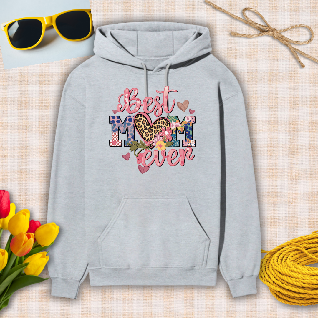 Gray hoodie with 'Best Mom Ever' text on a checkered background with sunglasses, flowers, and twine.
