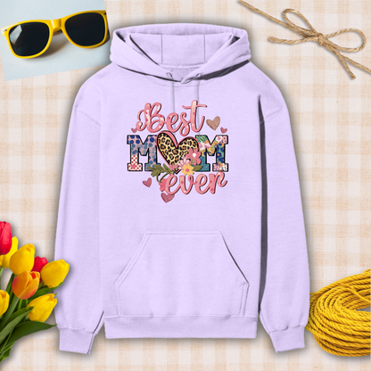 Lavender hoodie with 'Best Mom Ever' text on a checkered background with sunglasses, flowers, and twine.