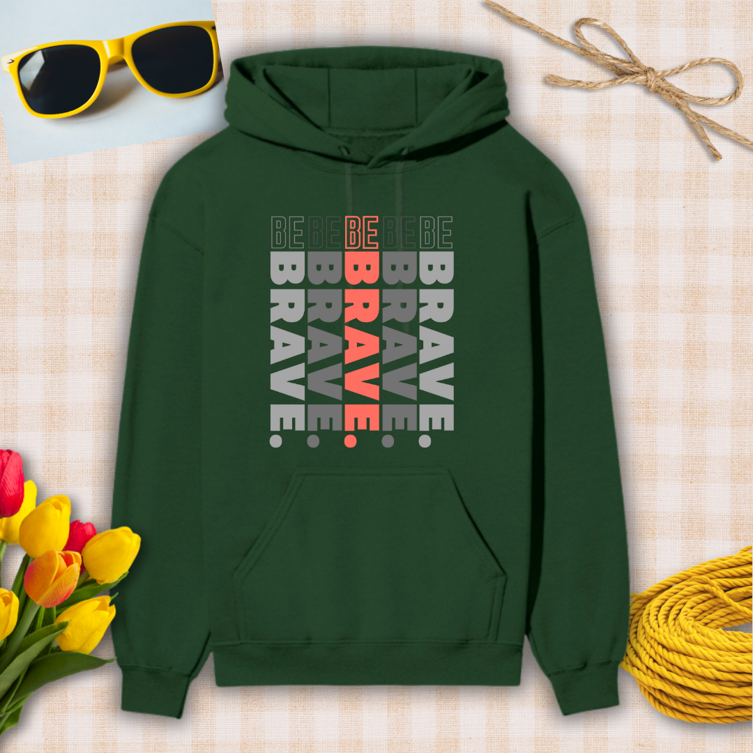 Green hoodie with 'Be Brave' text design on a checkered background with sunglasses, tulips, and twine.