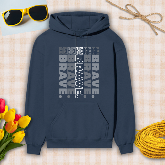 Navy blue hoodie with 'Be Brave' text, sunglasses, yellow flowers, and twine on a checkered background
