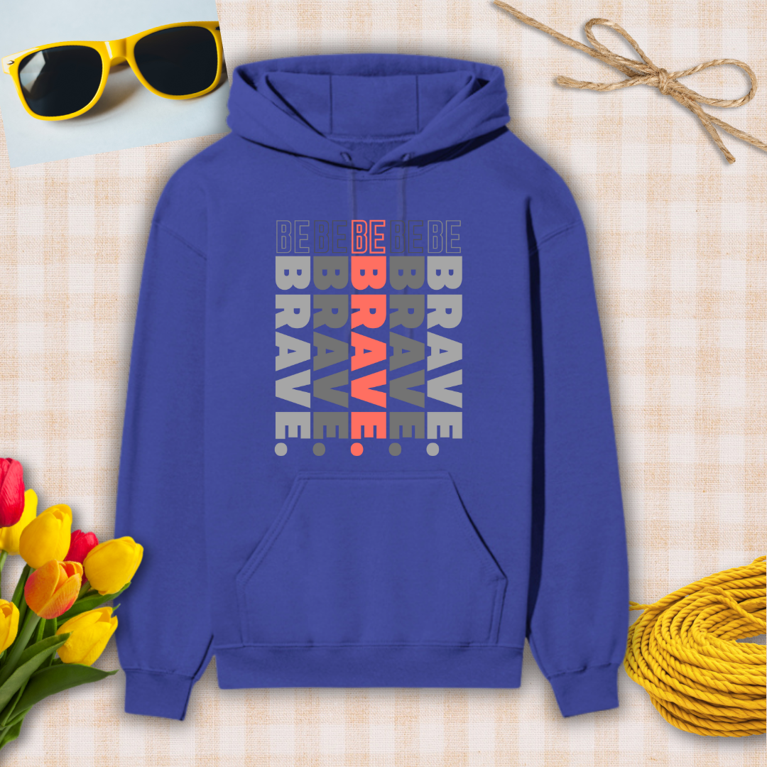 Blue hoodie with 'Be Brave' text on a checkered background with sunglasses, flowers, and twine.